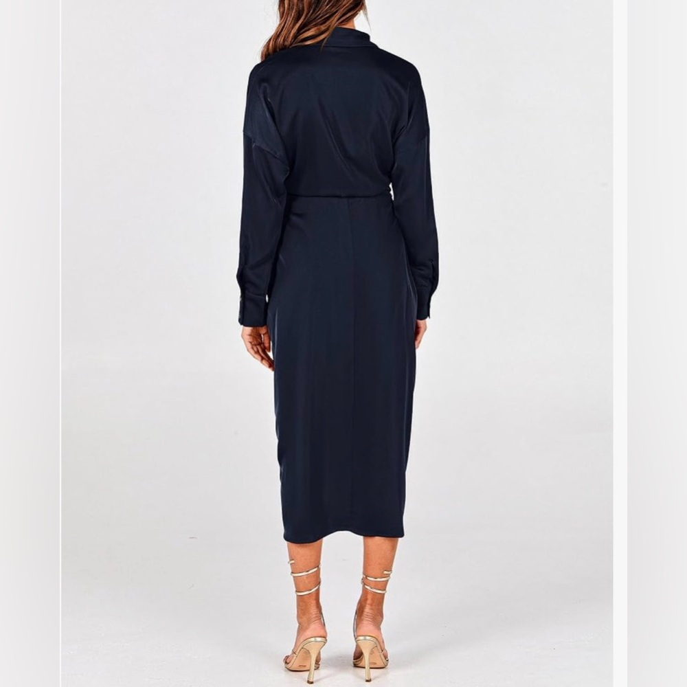 Linsery NWOT Navy Blue Belted Maxi Ruched Shirt Dress - Size M - Picture 5 of 14